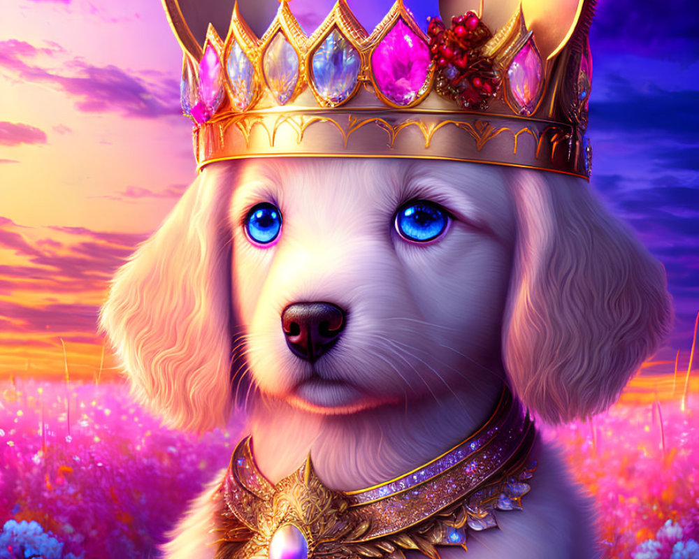 Golden Puppy Wearing Crown in Flower Field at Sunset