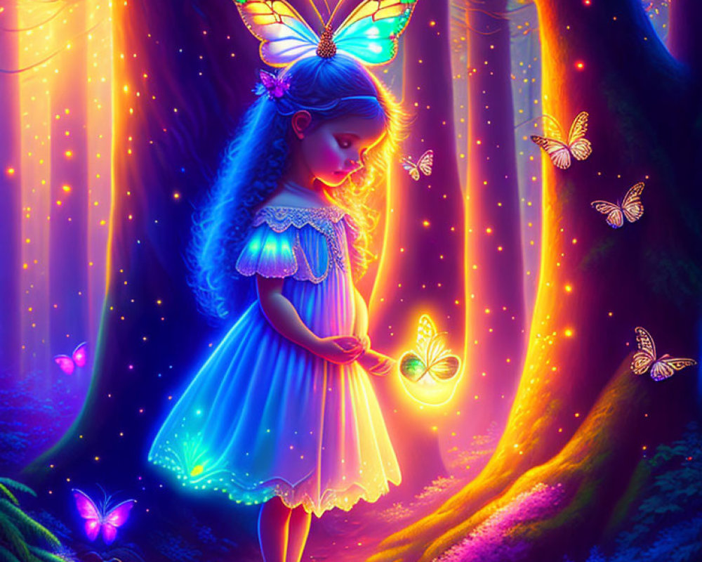 Young girl in glowing blue dress in enchanted forest with butterflies and light rays