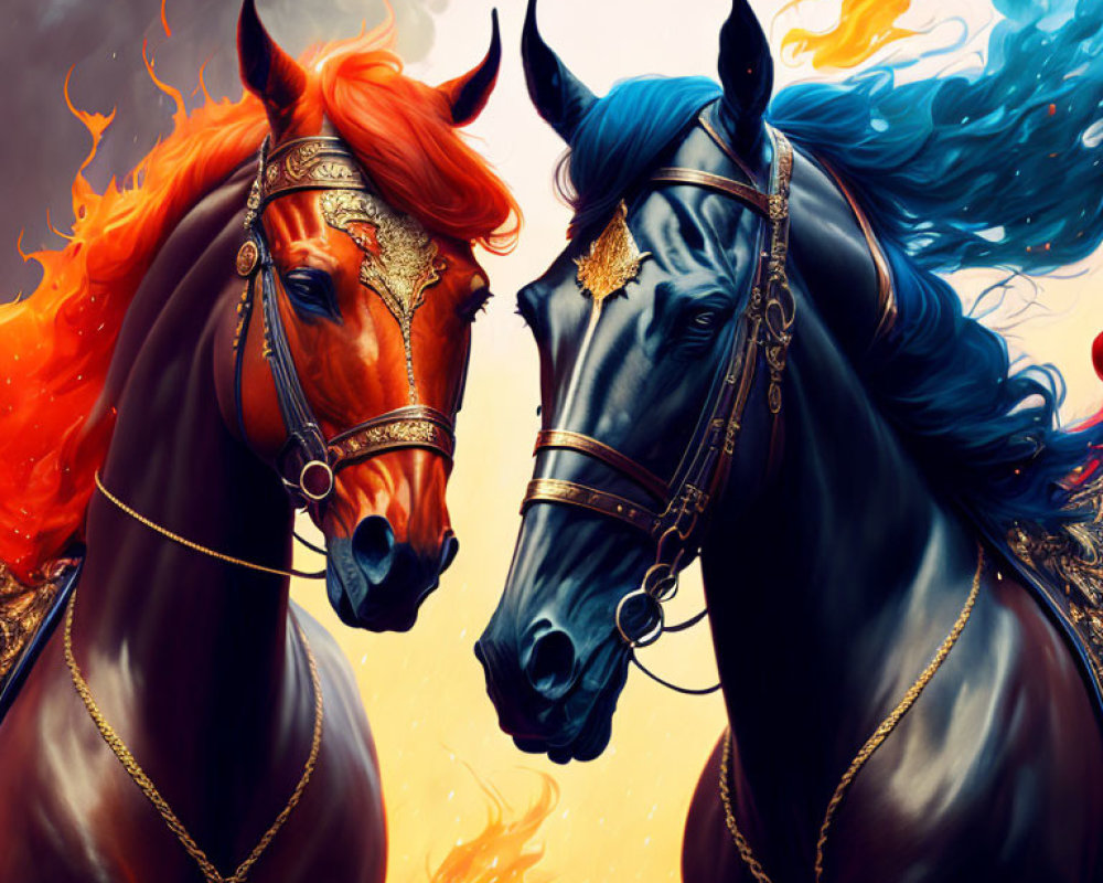 Two majestic horses with fiery orange and cool blue manes in ornate bridles