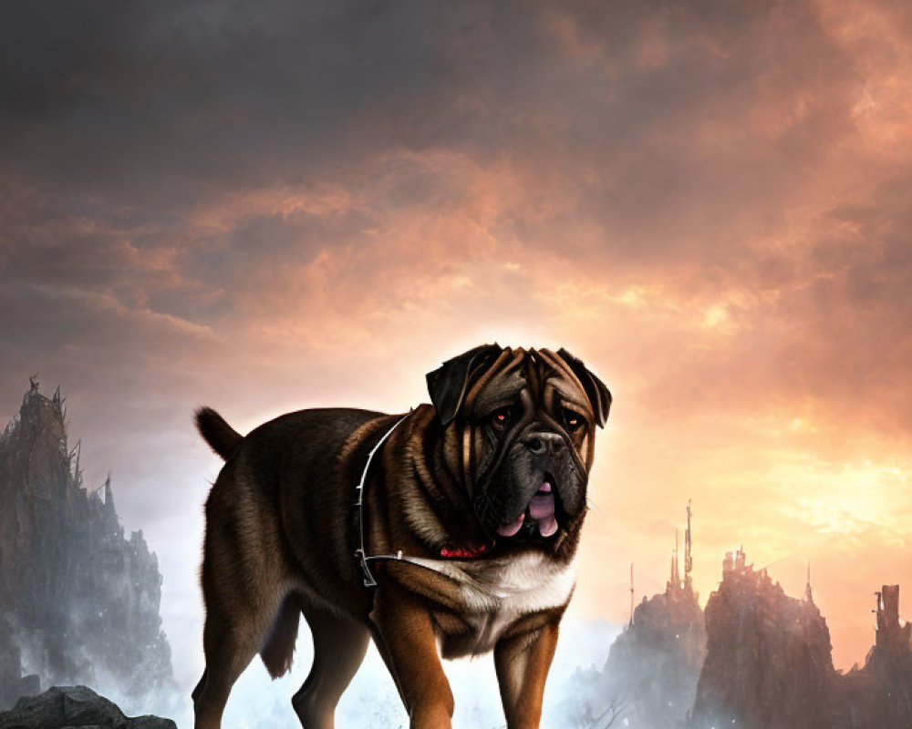 Bulldog on Rocky Terrain with Dramatic Sky and City Silhouette