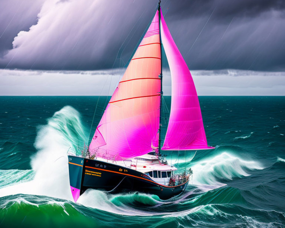 Colorful sailboat with pink sails in stormy ocean scene