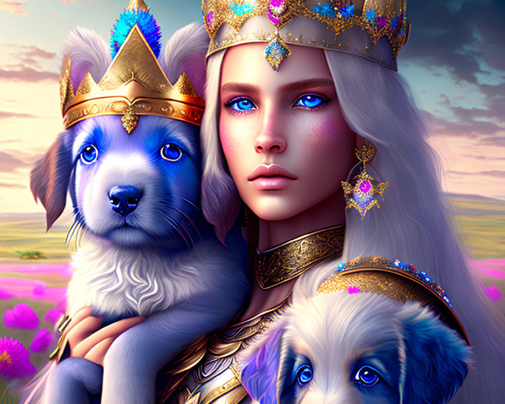 Regal woman with blue eyes and golden crown holding puppies in a field of purple flowers