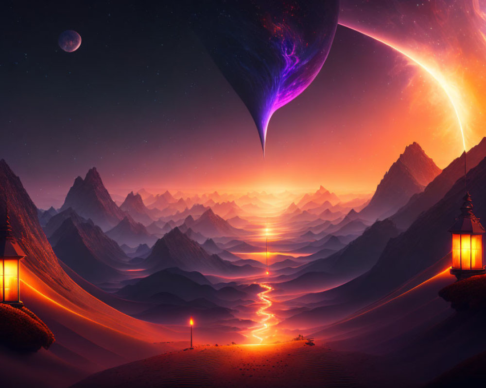 Vibrant fantasy landscape with mountains, lanterns, path, cosmic portal, celestial bodies