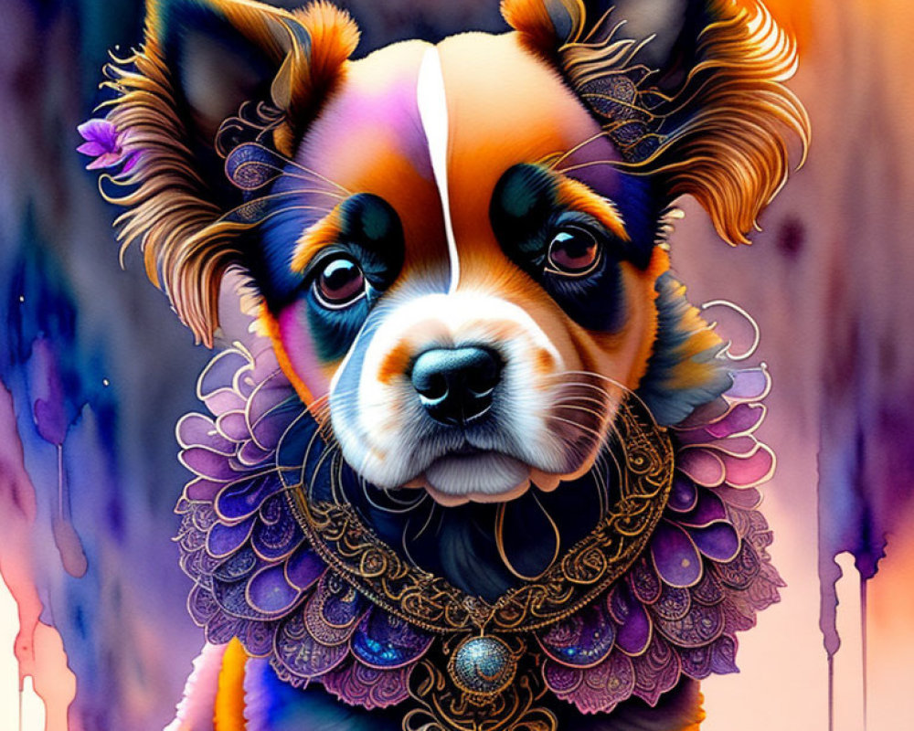 Vibrant dog portrait with expressive eyes and decorative collar