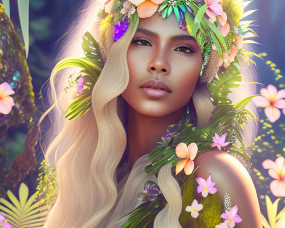 Woman with floral crown in serene forest setting surrounded by lush foliage