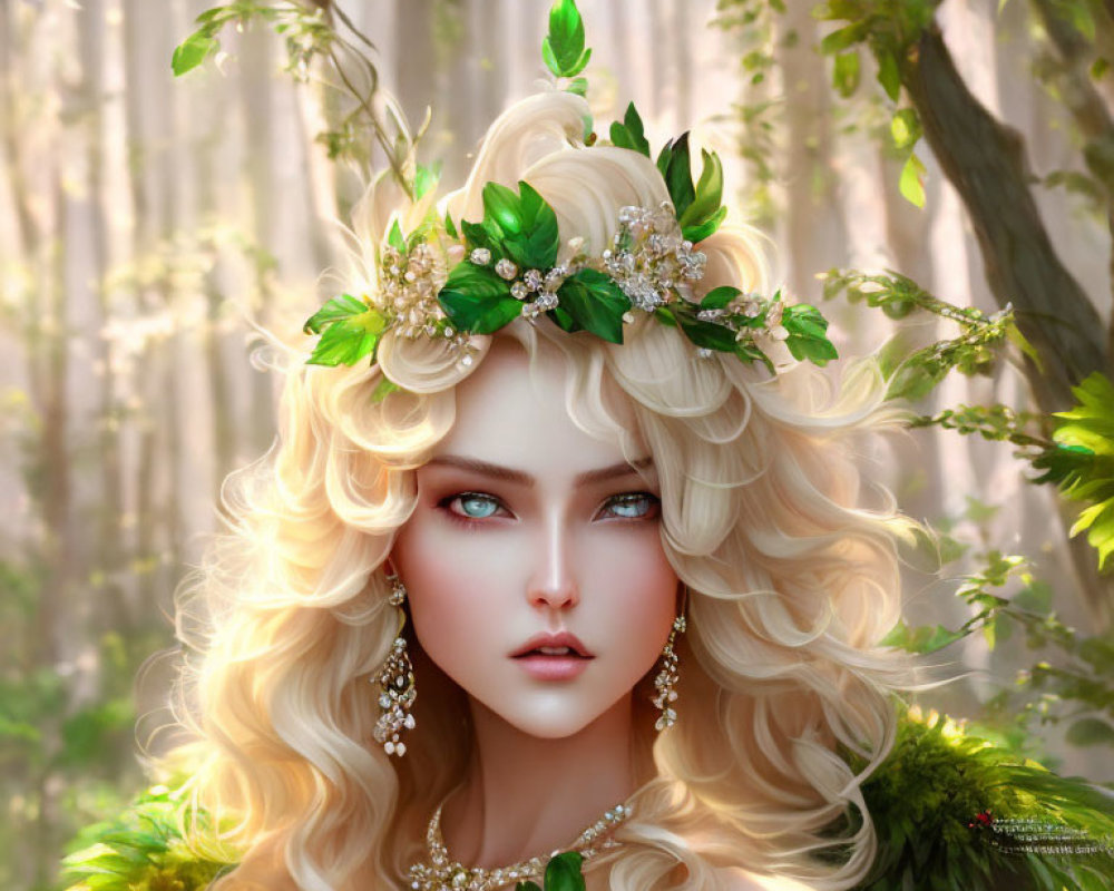 Fantastical woman with blonde hair and floral headpiece in forest setting