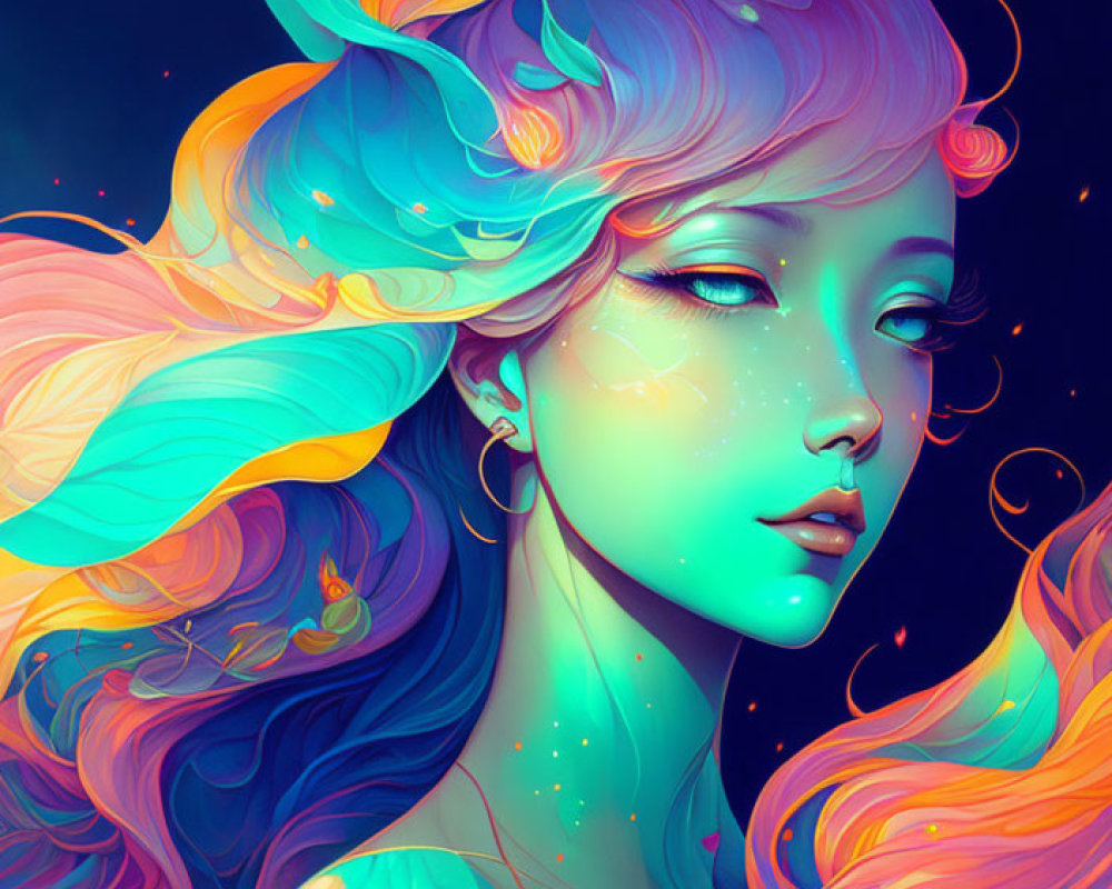 Colorful digital artwork of a woman with multicolored hair in cosmic setting