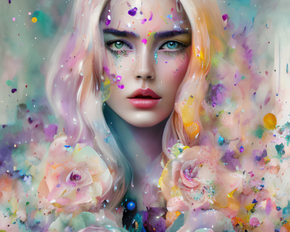 Digital Artwork: Pale Woman with Blonde Hair in Colorful Paint Splatter and Roses Scene