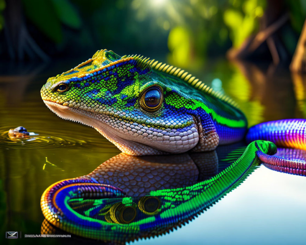 Colorful Lizard Reflected in Water on Green Leafy Background