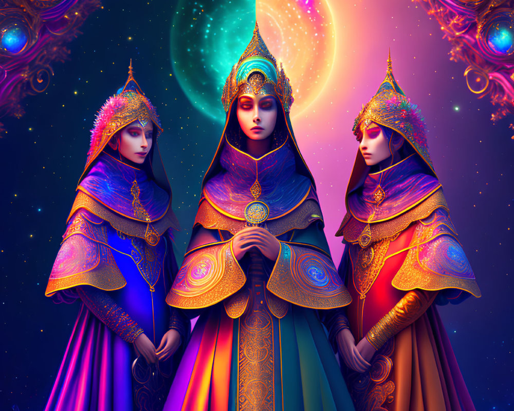 Three colorful figures in elaborate costumes under a cosmic sky