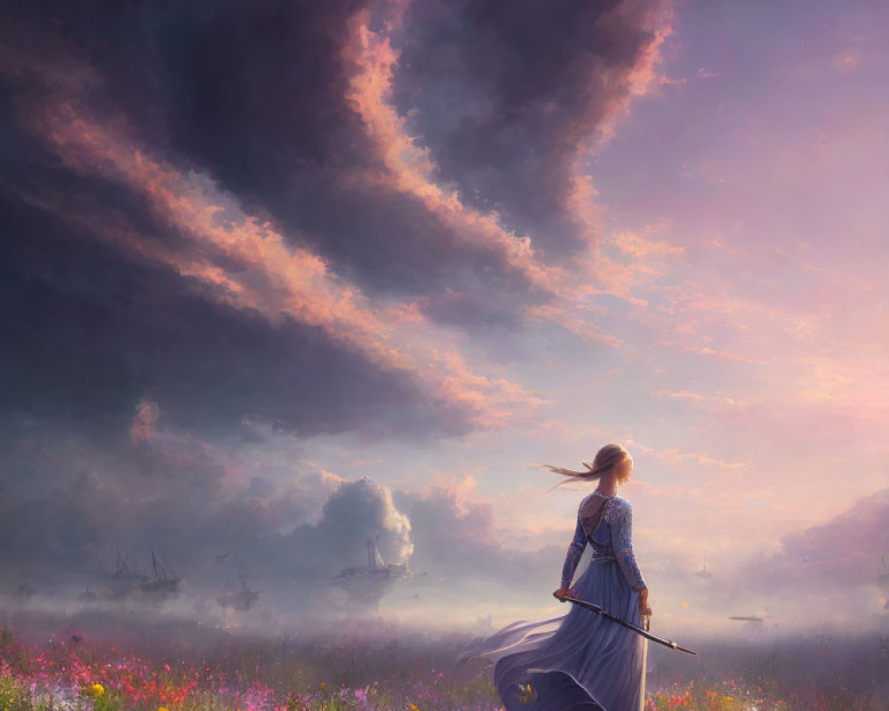 Medieval woman in blooming field at dusk with dramatic sky and distant ships.