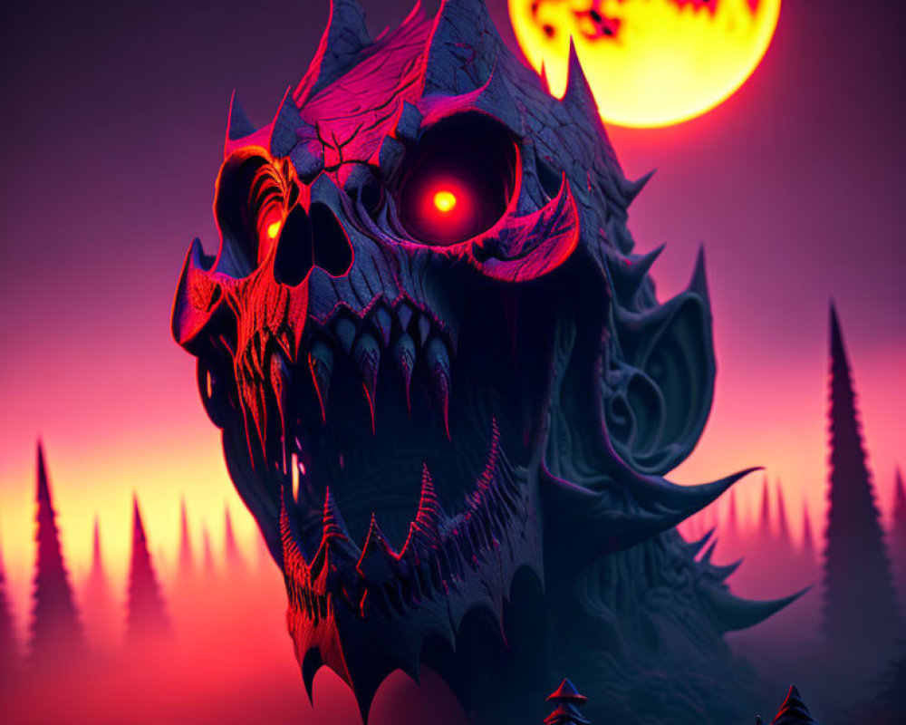 Monstrous skull with glowing red eyes in misty alien landscape