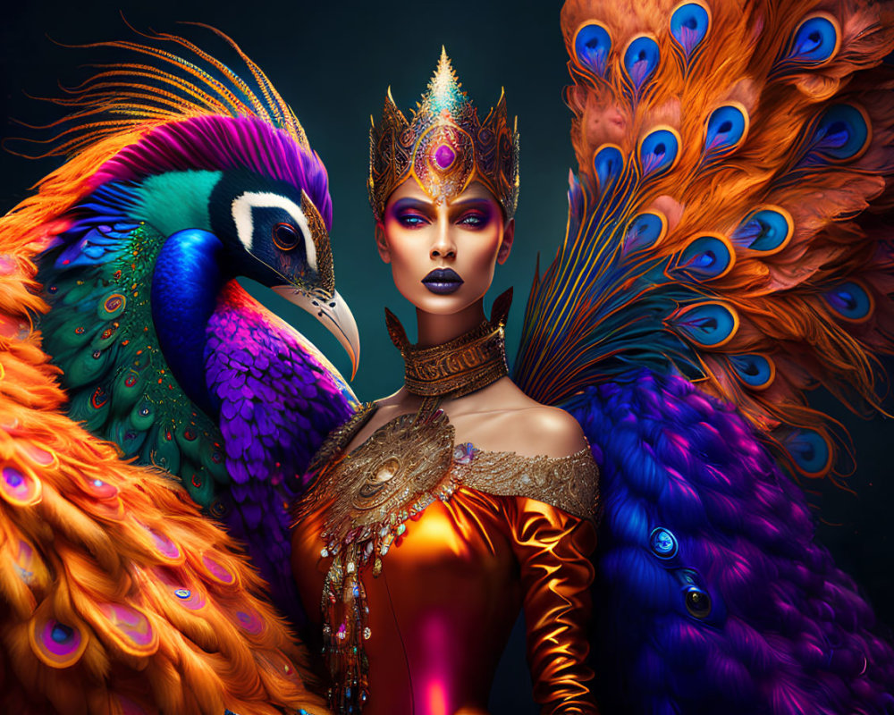 Woman with peacock-themed makeup and attire next to vibrant peacock in blues, greens, and oranges