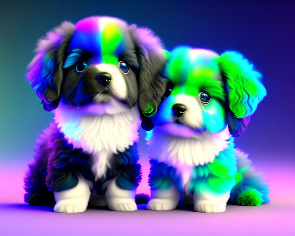 Fluffy Cartoon-Style Puppies with Vibrant, Multi-Colored Fur