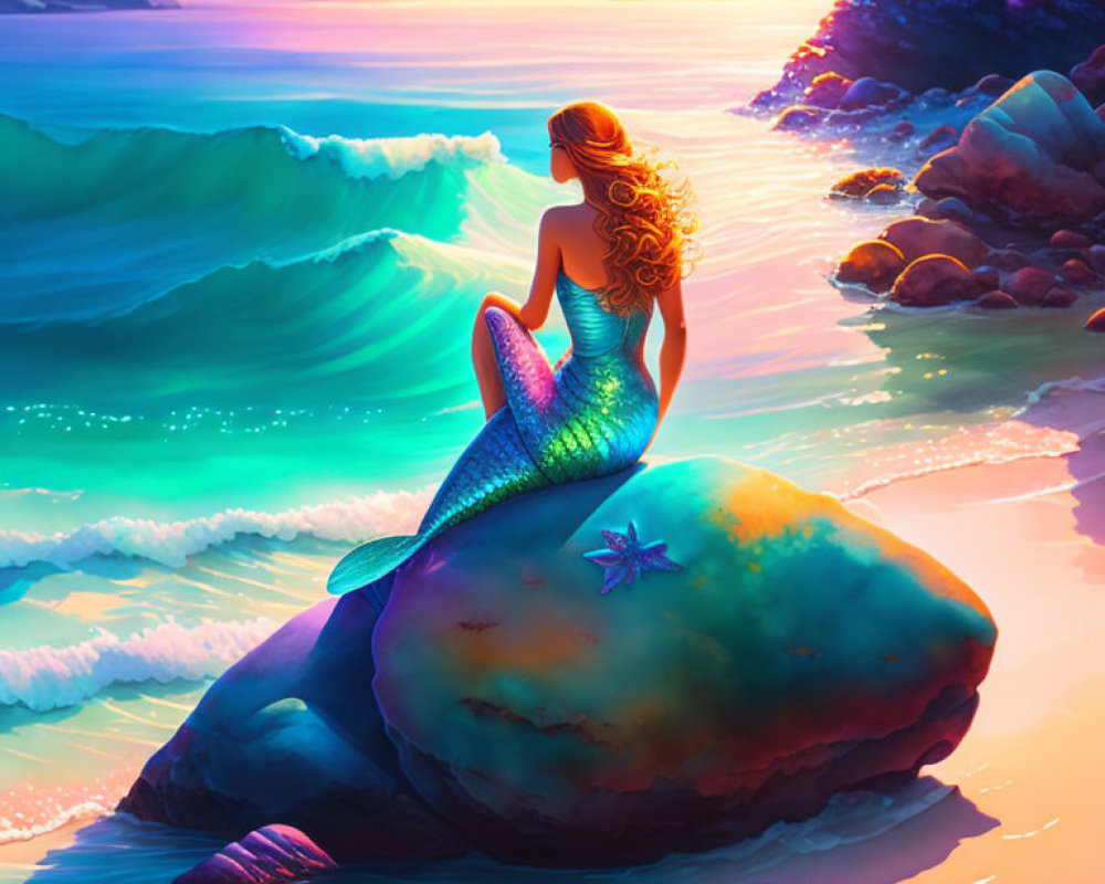 Mermaid on rock with shimmering tail at sunset