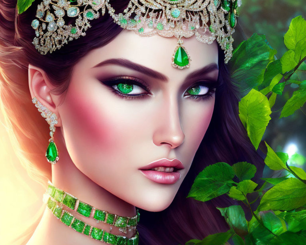 Digital portrait of woman with emerald green eyes and jeweled crown in lush green foliage