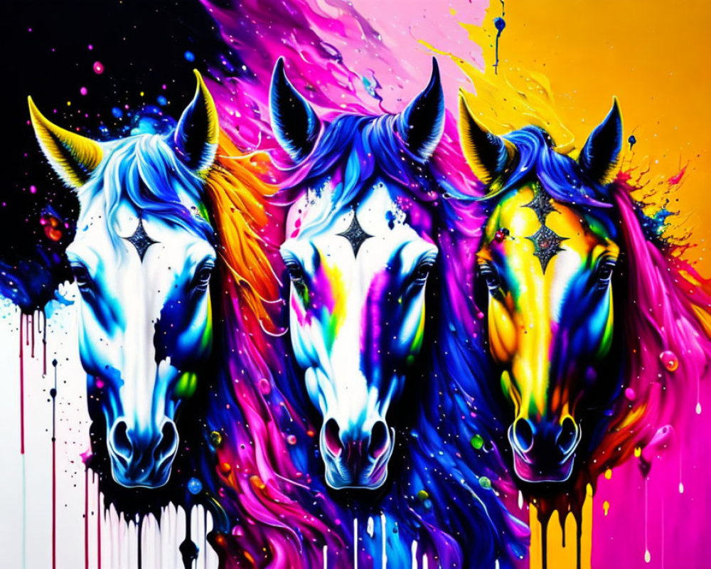 Vibrant Multicolored Horse Heads in Dripping Paint Style