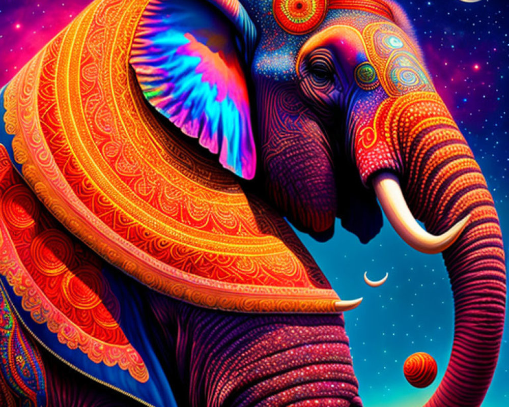 Colorful Psychedelic Elephant Illustration with Cosmic Background