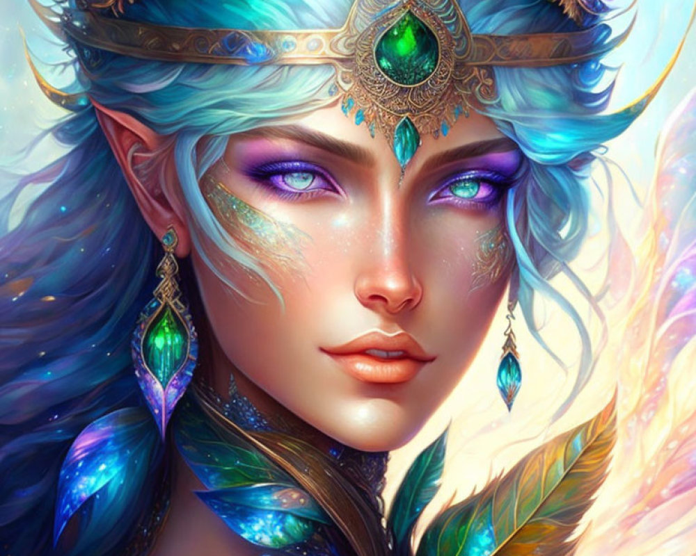 Fantasy character digital art: female with blue skin, pointed ears, purple eyes, gold and em