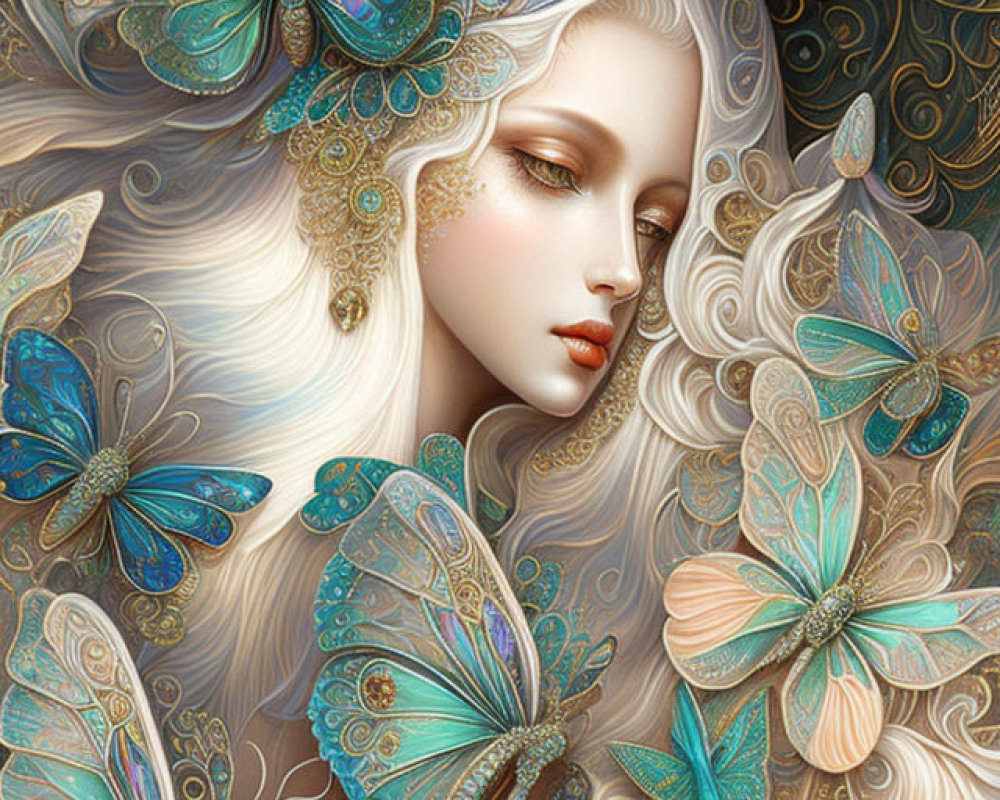 Detailed illustration: Woman with white hair and gold accents, surrounded by blue and turquoise butterflies.