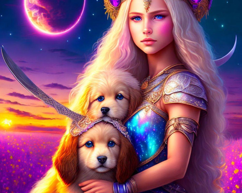 Fantasy queen in crown and armor with two cute dogs under crescent moon and stars