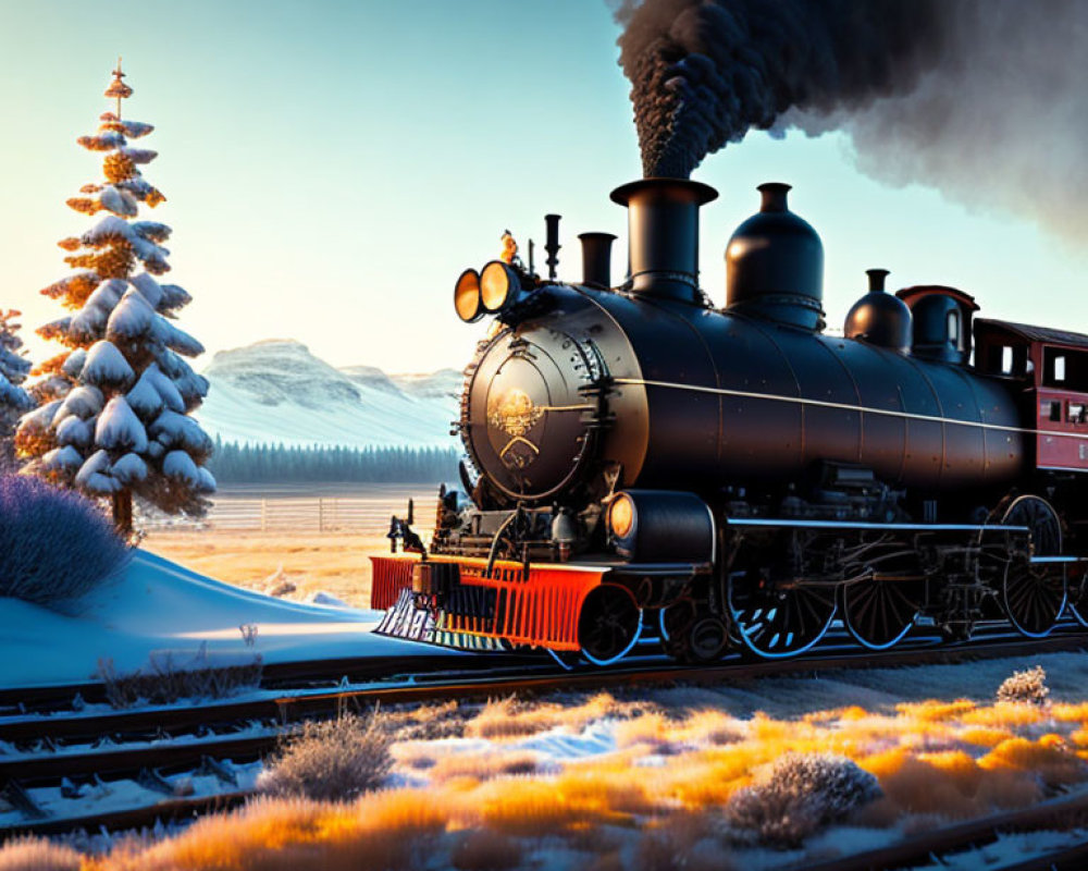 Vintage steam locomotive with wreath on snowy tracks passing Christmas tree in serene winter scene