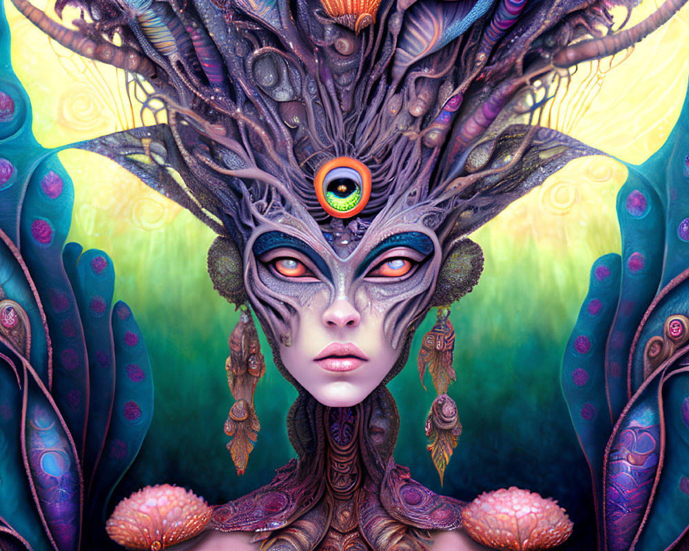 Colorful surreal portrait of a female figure with intricate headdress