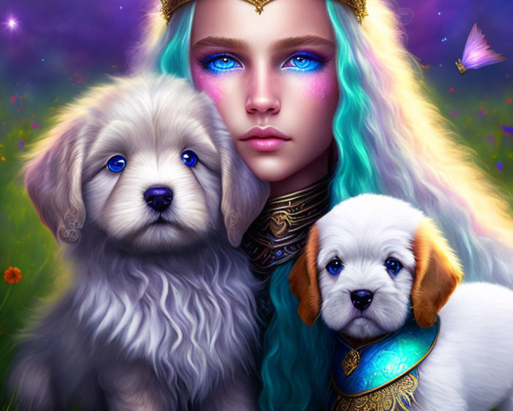 Digital Artwork: Woman with Blue Eyes, Multicolored Hair, Crown, Puppies in Purple