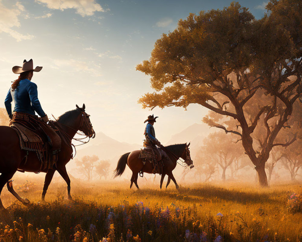 Cowboys on Horseback Riding Through Field of Wildflowers at Sunrise or Sunset