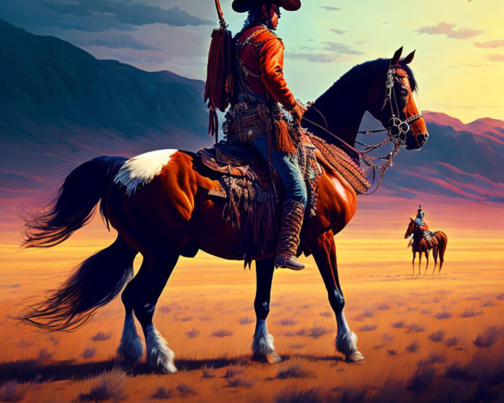 Cowboy on Brown and White Horse Riding in Prairie Sunset Scene