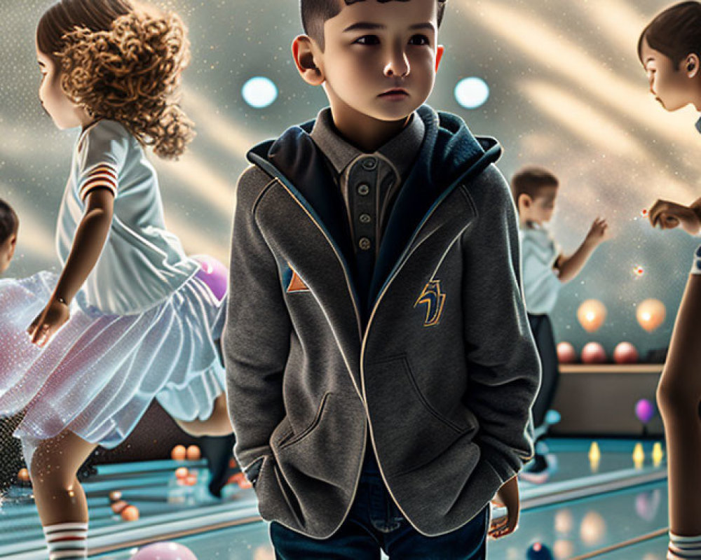 Child in bowling alley with colorful balls and other children