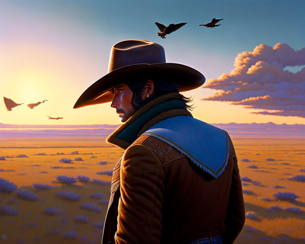 Contemplative figure in western attire gazes over vast sunset field.