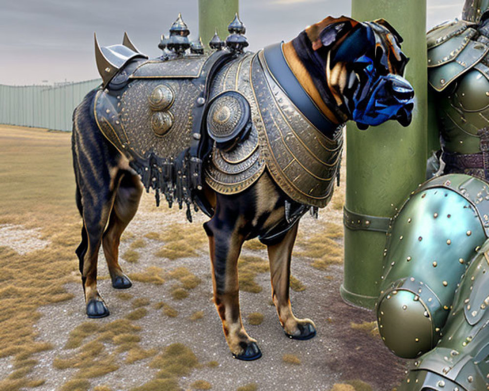 Medieval-style armored dog next to green structure on grassy terrain