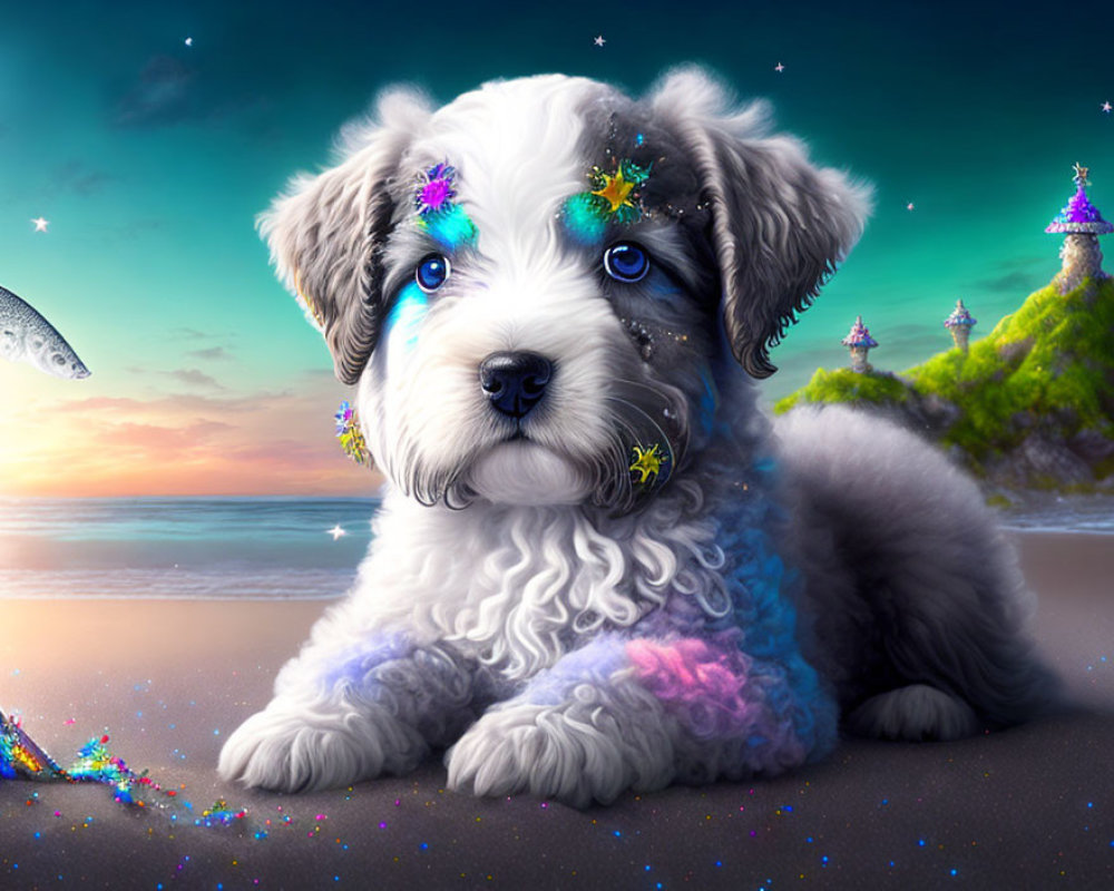 Whimsical puppy with blue eyes in magical beach scene