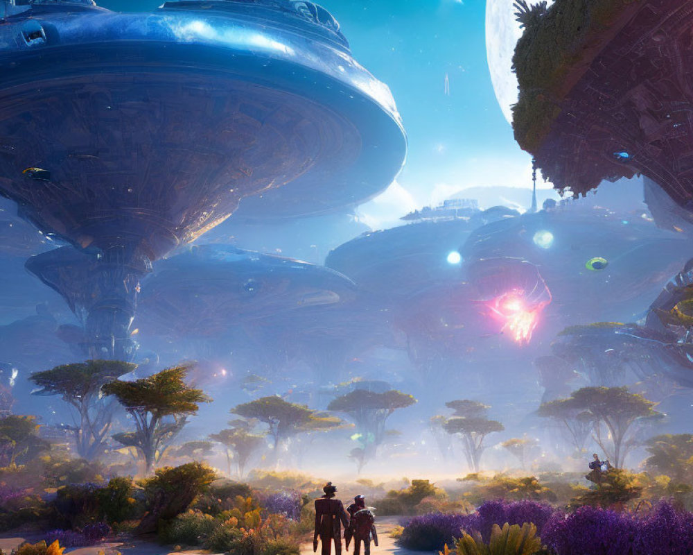 Futuristic spaceships in vibrant alien landscape