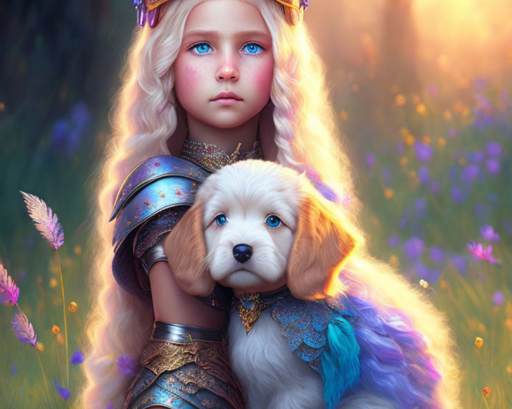 Fantasy portrait: Young girl in crown and armor with winged puppy in sunlit forest.