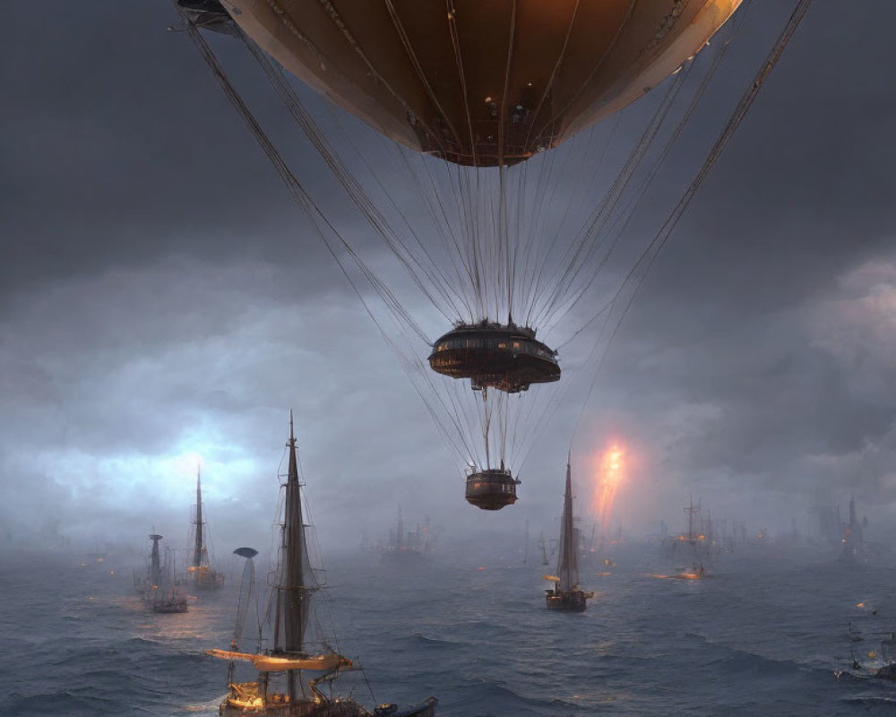 Steampunk-inspired scene: Airship over tumultuous ocean