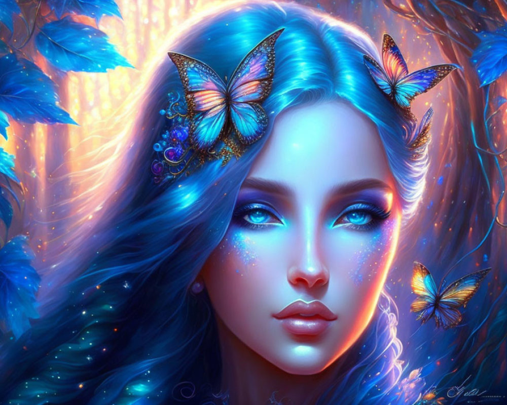 Digital art: Woman with blue hair and eyes, surrounded by glowing butterflies in mystical forest
