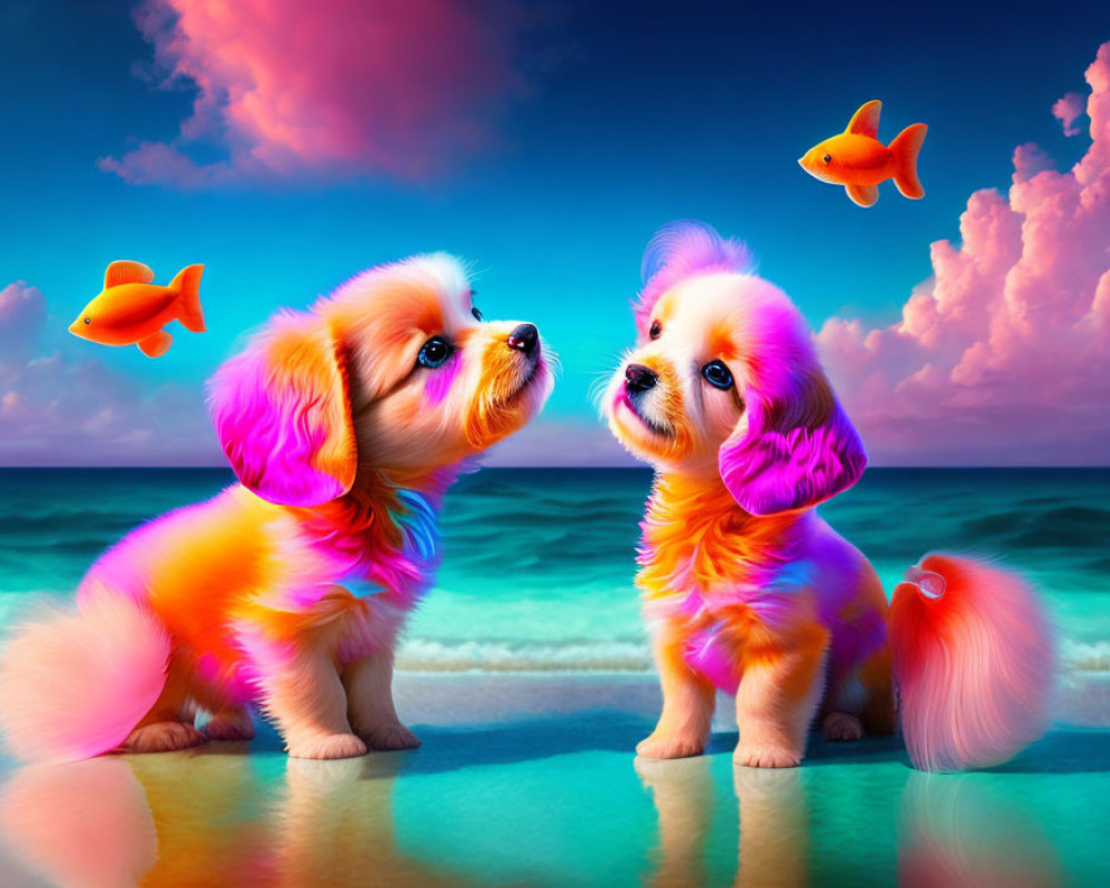 Vibrantly colored cartoon-like puppies on a surreal beach with goldfish