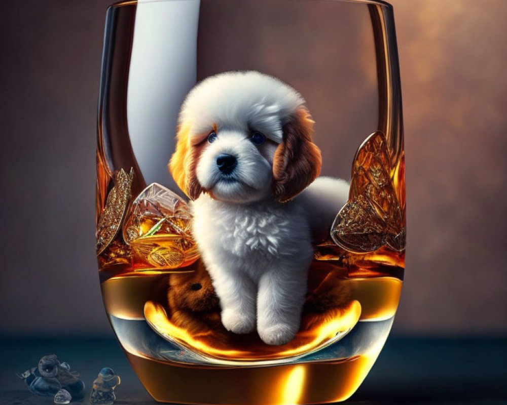 White and Tan Puppy in Whiskey Glass with Ice Cubes on Soft-focus Background