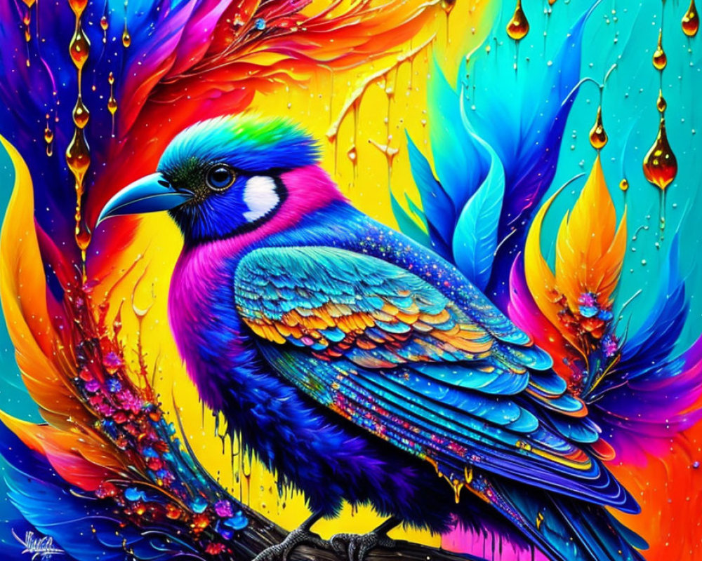 Colorful Bird Painting with Detailed Feathers and Flame Background