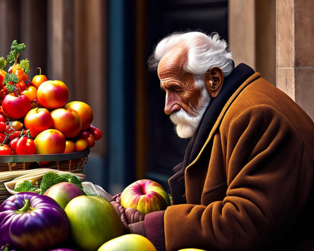 Elderly Gentleman in Brown Coat with Fresh Fruits and Vegetables