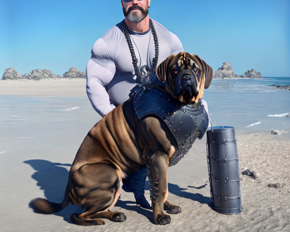 Muscular man with sunglasses and dog on sandy beach