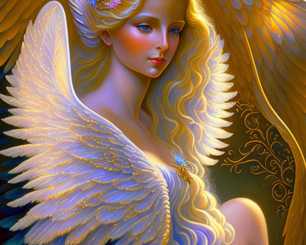 Angel with Gold and White Wings and Intricate Jewelry