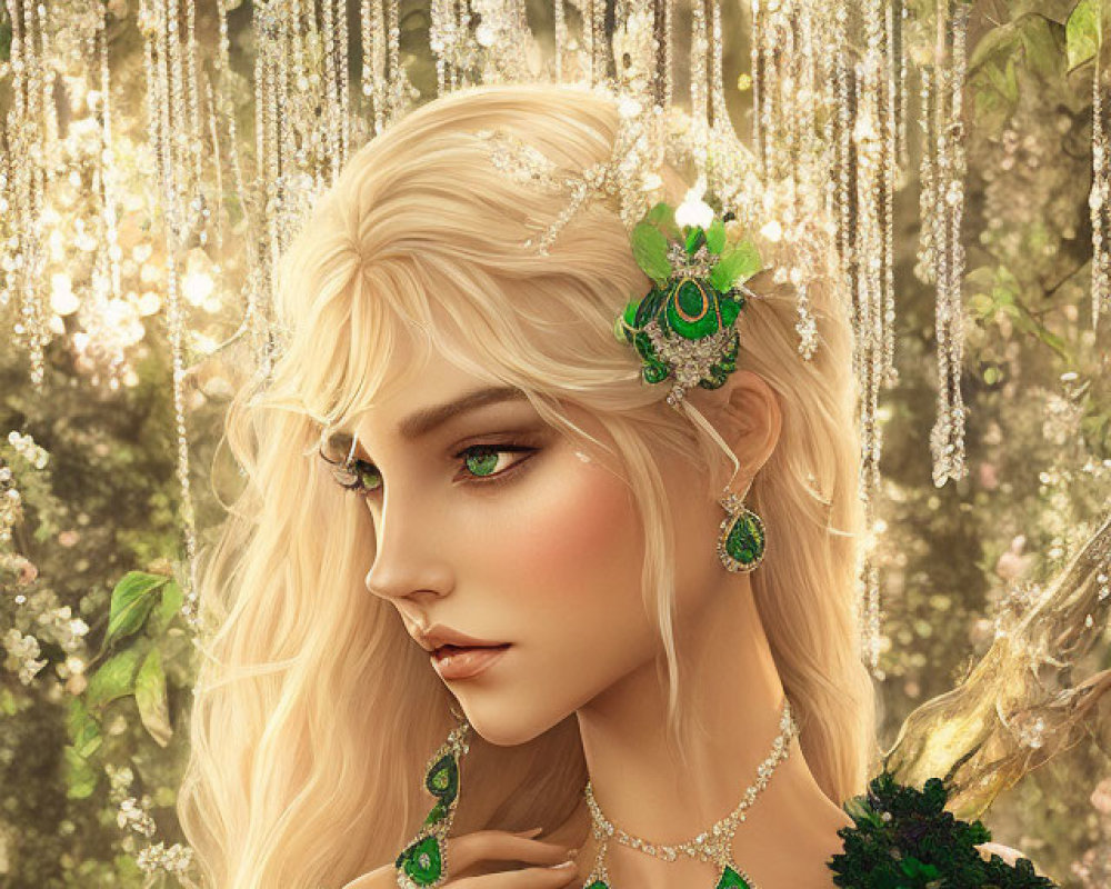 Blonde Woman with Green Jeweled Tiara and Chandeliers