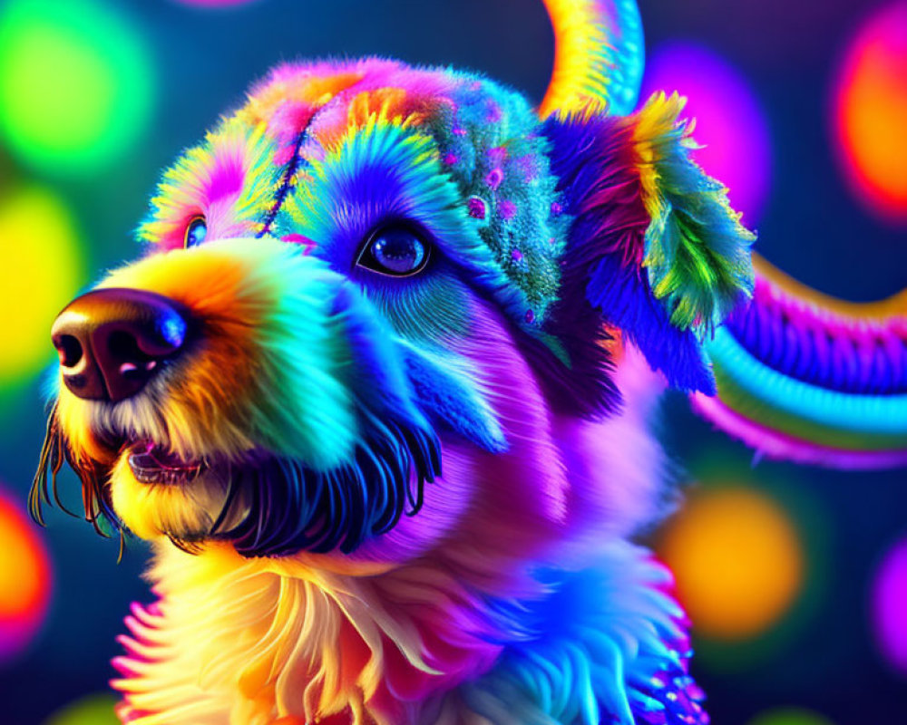 Colorful Neon Rainbow Dog Portrait with Whimsical Patterns on Fur