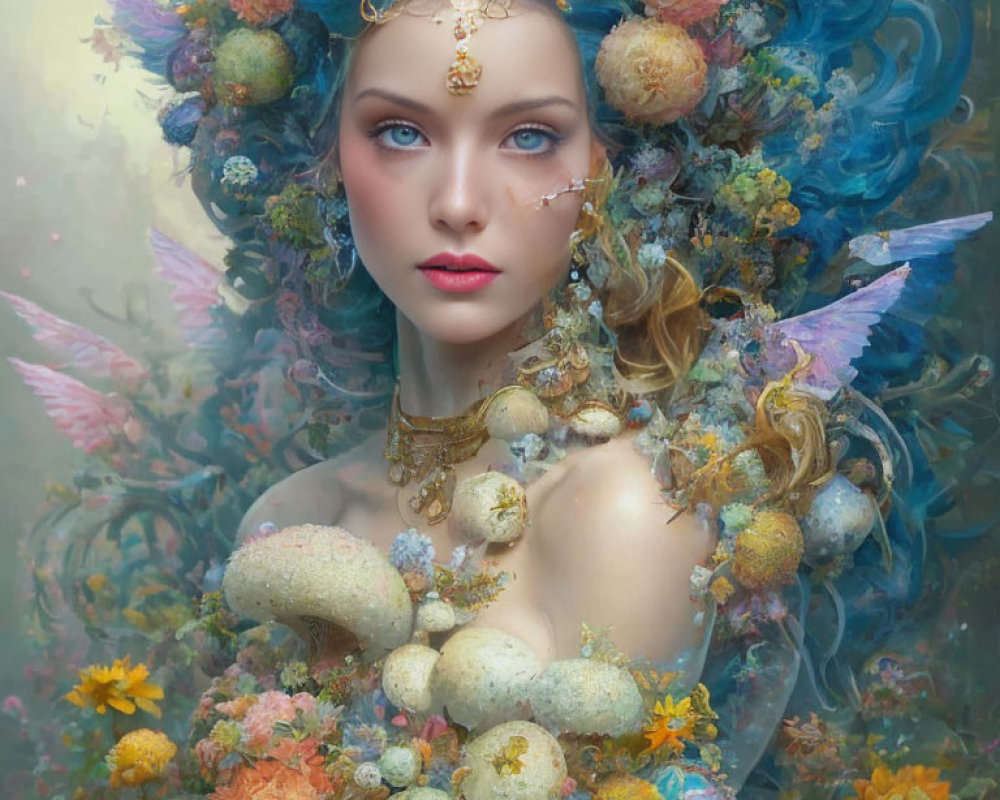 Portrait of a woman with blue and golden flower hair, jewelry, and butterfly wings