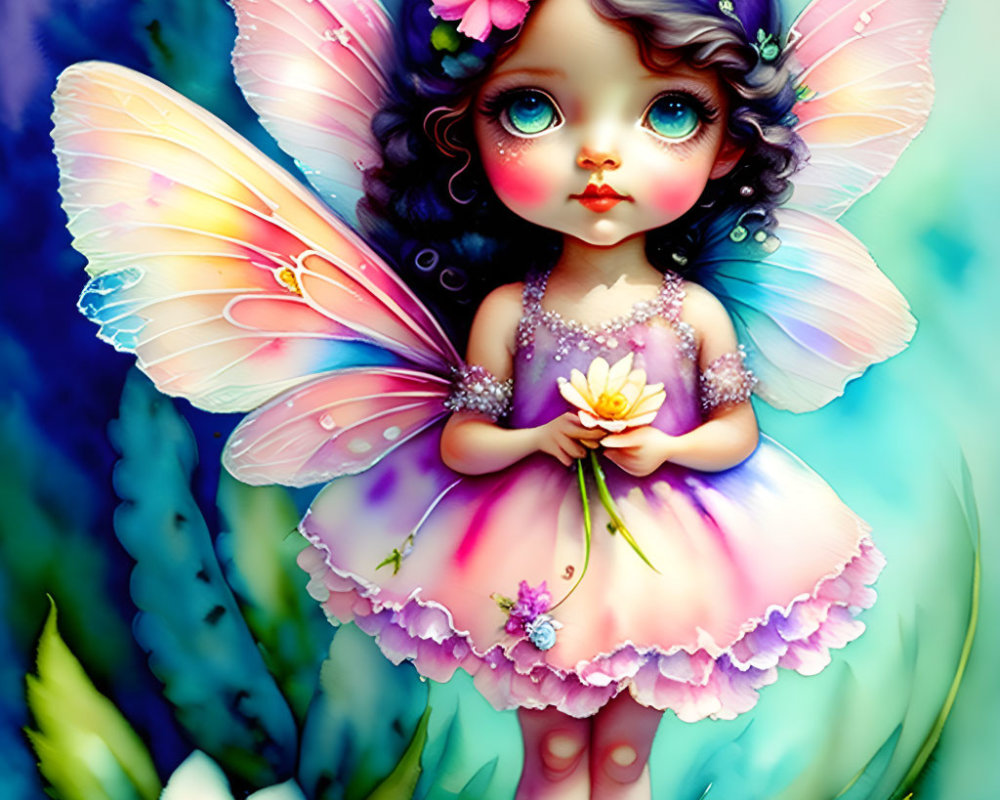 Young fairy with colorful wings in pink dress holding flower among vibrant foliage