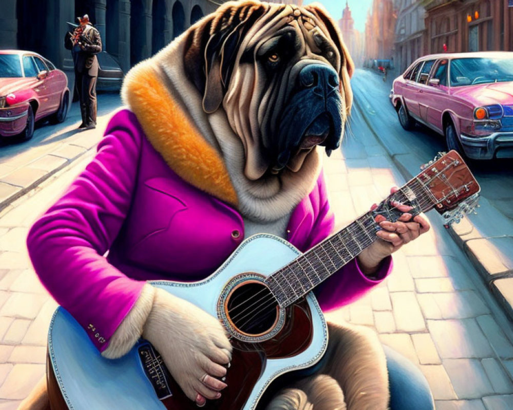 Surreal artwork: Large dog with human-like hands playing guitar in city street