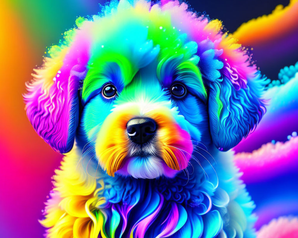 Colorful Digital Illustration: Cute Puppy with Rainbow Fur Coat